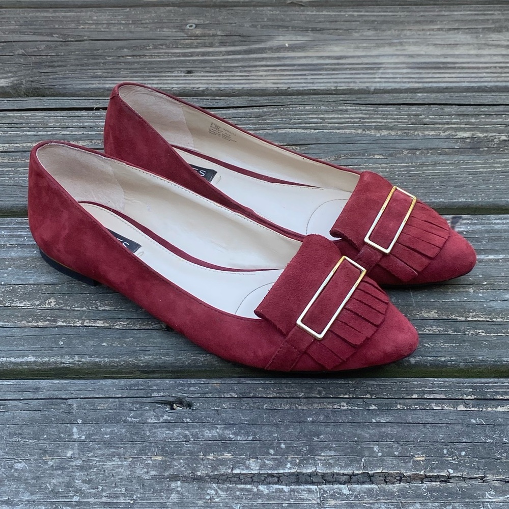 Jones New York Steff genuine suede leather loafers 8.5 dark red fringe buckle